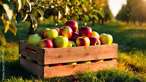 Wooden Crate of Fresh Apples in Sunlit Orchard

 photo