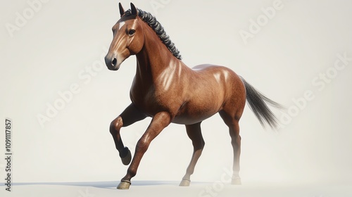 A majestic brown horse galloping gracefully, showcasing its strength and beauty in motion against a neutral background.