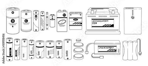 Different types of accumulators and batteries portable electricity power supplies black-and-white