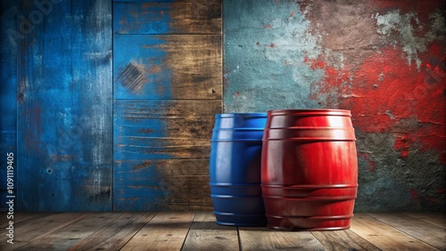 A Colorful Composition of Red and Blue Barrels in an Industrial Setting with Copy Space for Creative Use in Art and Design Projects photo