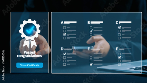 Business person secures product certification, marking a key achievement. Demonstrates commitment to quality and trustworthiness by having product certification passed. UUID photo