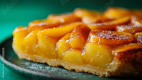 Close-up of caramelized apple pie slice. photo