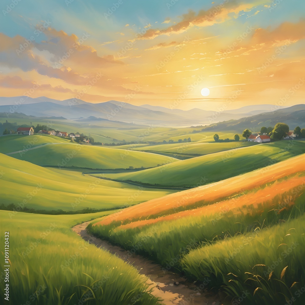 Obraz premium Endless green fields stretch towards a serene sky dotted with fluffy clouds