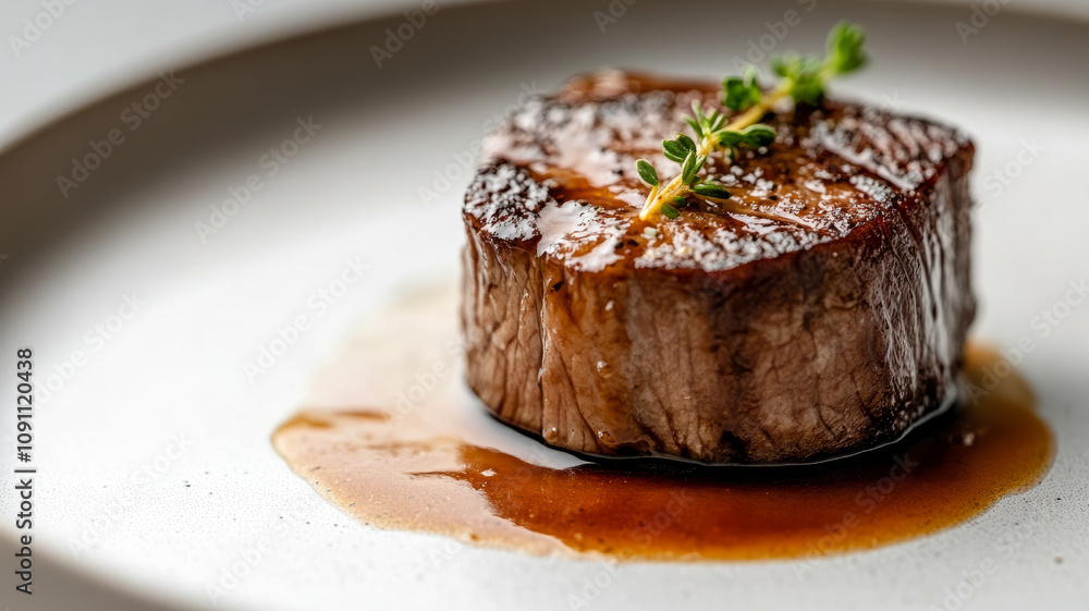 Juicy steak with sauce on a white plate Juicy steak with sauce on a white plate