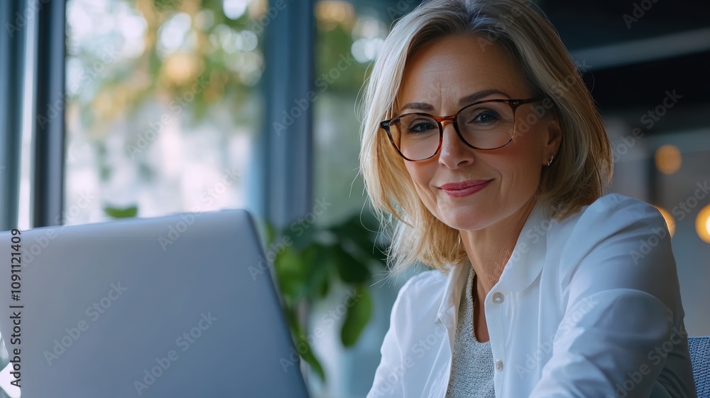 Professional middle-aged woman working on laptop in modern office environment, bright natural light illuminating her focused expression and stylish attire Professional middle-aged woman working on laptop in modern office environment, bright natural light illuminating her focused expression and stylish attire