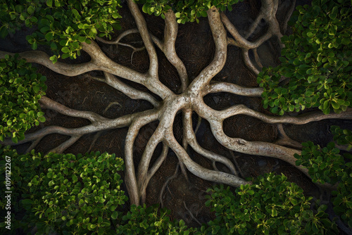 Aerial view of intricate tree roots sprawling across the forest floor surrounded by lush green leaves, creating a natural pattern in a serene environment.