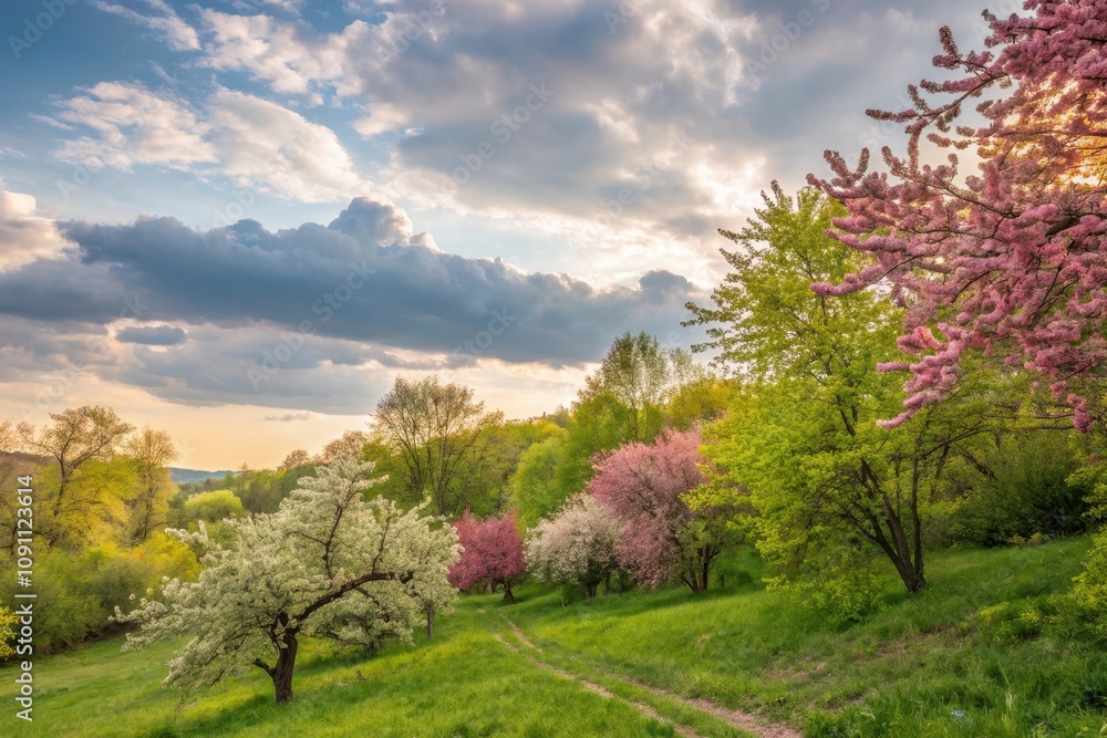 Obraz premium Serene Spring Landscape with Blossoming Trees and a Dirt Path