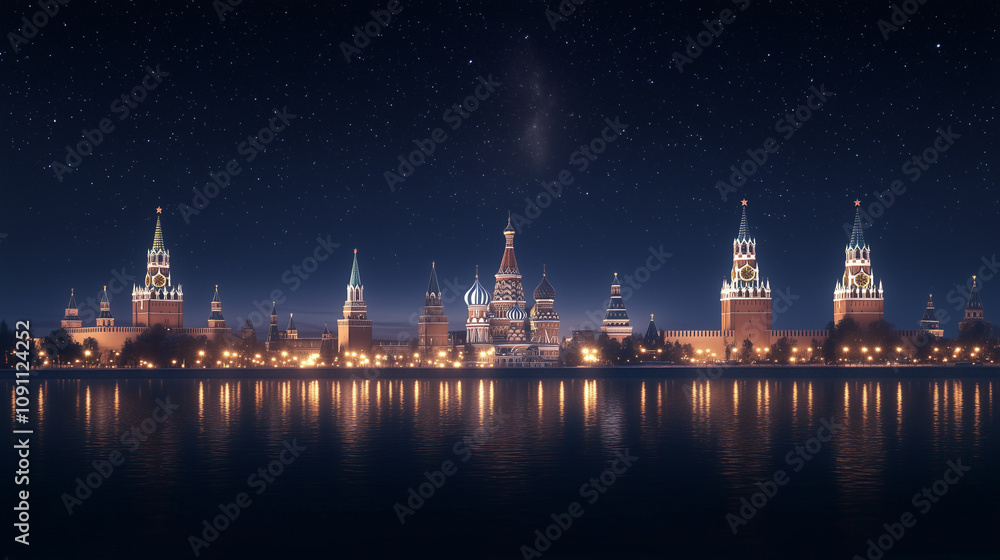 Fototapeta premium Brightly Lit Architectural Landmarks Against Dark Night Sky