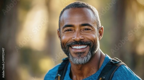 Smiling man enjoying nature with a backpack