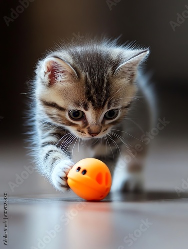 A playful kitten curiously exploring a bright orange toy ball on a wooden floor. photo