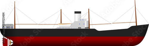 Cargo Ship with 4 Cranes. Side profile of an early 20th-century cargo ship with derricks on deck. Isolated vector illustration.