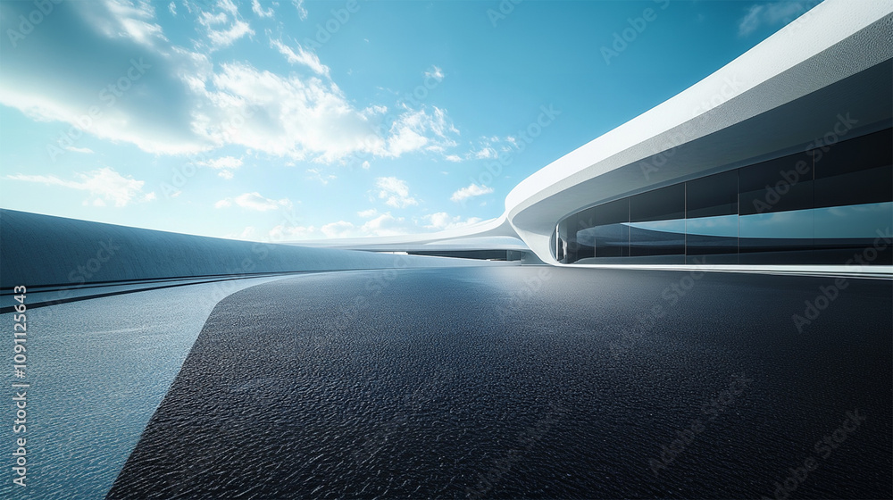 Obraz premium The asphalt pavement and white curved buildings have a clear and bright sky background