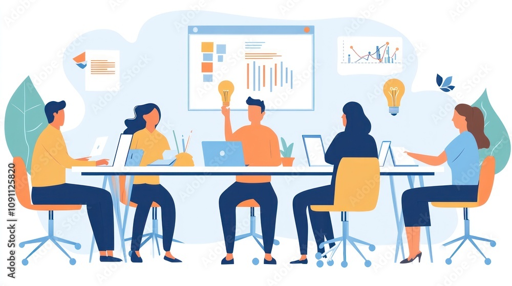 A diverse team collaborating in a modern workspace with laptops and ideas. A diverse team collaborating in a modern workspace with laptops and ideas.