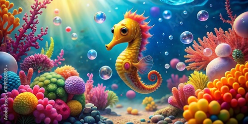 Adorable Cartoon Undersea World with a Playful Seahorse in a Deep Ocean Scene Perfect for Kids' Decor and Educational Materials photo