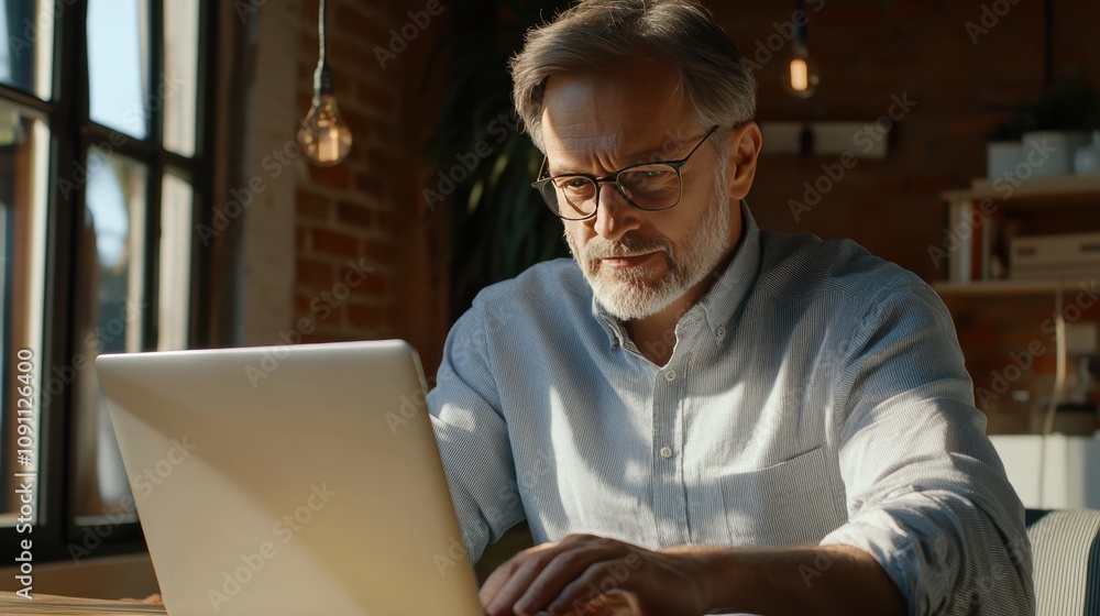 Mature Man Working on Laptop in Modern Workspace with Natural Light, Contemplating Ideas and Engaging in Creative Process at Home Office Mature Man Working on Laptop in Modern Workspace with Natural Light, Contemplating Ideas and Engaging in Creative Process at Home Office