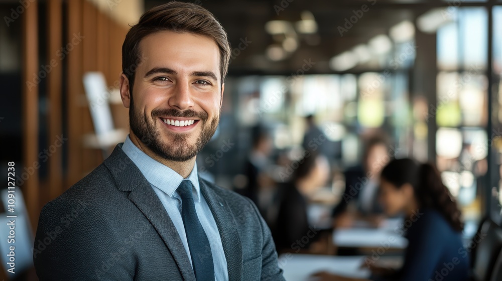 Fototapeta premium Confident Businessman in Modern Office Environment Smiling at Camera with Colleagues Working in Background