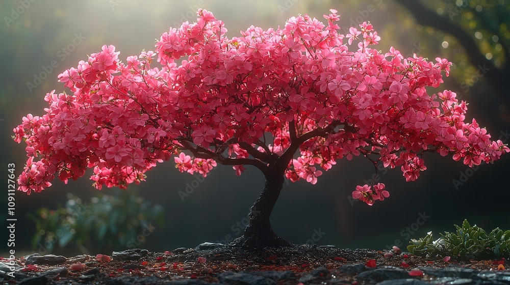 Fototapeta premium Vibrant pink bonsai in bloom with morning light in tranquil garden setting