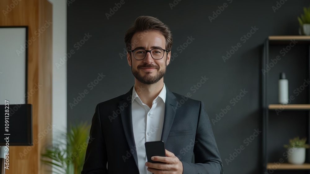 Confident Businessman in Modern Office Holding Smartphone, Smiling and Looking at Camera, Professional Setting with Stylish Decor and Green Plant in Background Confident Businessman in Modern Office Holding Smartphone, Smiling and Looking at Camera, Professional Setting with Stylish Decor and Green Plant in Background
