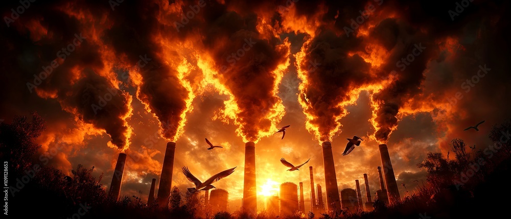 Fototapeta premium Dramatic Smoke Rising from Industrial Chimneys at Sunset