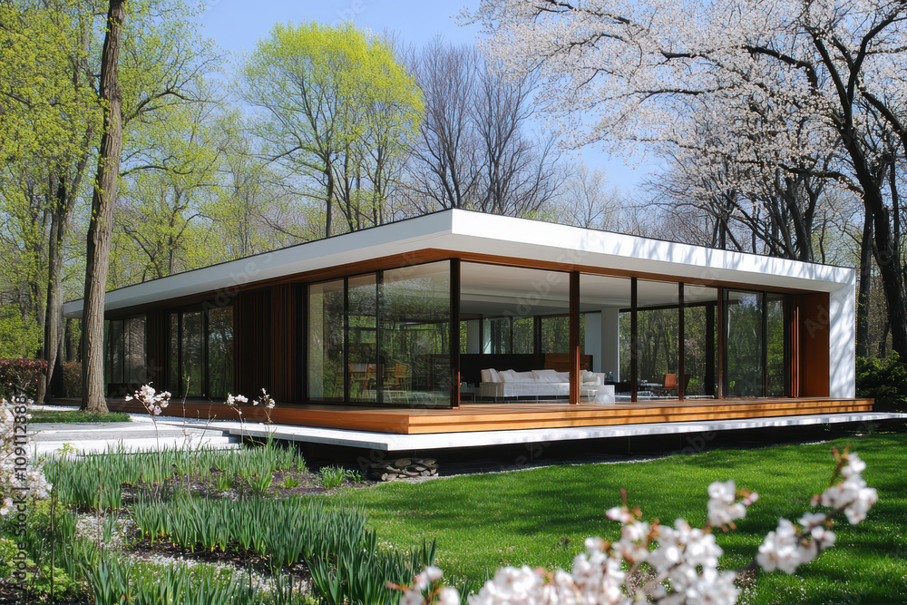 Fototapeta premium Modern White House With Wooden Trim and Floor-To-Ceiling Windows Surrounded by Greenery