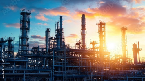 Wallpaper Mural Industrial Skyline at Sunset: A Stunning View of Oil Refinery with Silhouetted Structures Against a Colorful Evening Sky Torontodigital.ca