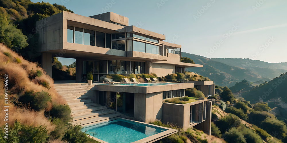 Fototapeta premium futuristic brutalist villa building in the hill, created by generative ai
