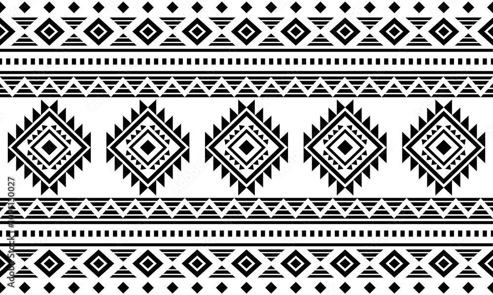 Southwest Aztec geometric Native American Mexican Navajo tribal ethnic seamless pattern fabric black and white design vector for textile printing