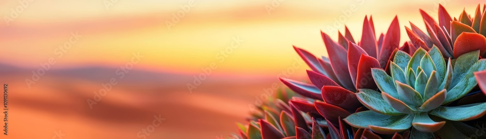 Fototapeta premium Sunset Hues Embrace Desert Succulents, Vibrant, serene beauty unfolds at dusk