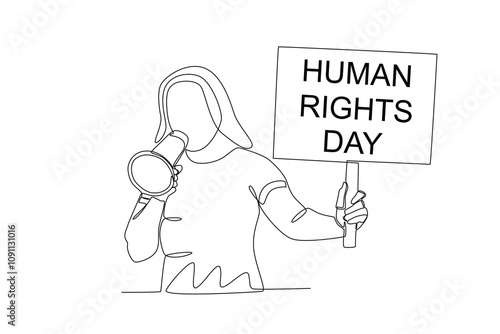 Single continuous line drawing of Woman holding a demonstration board reading human rights day, human rights day concept. Dynamic single line draw design graphic vector illustration