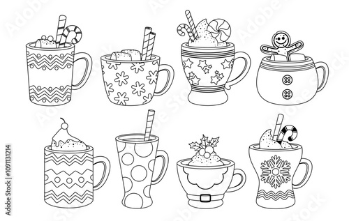 Christmas and New Year holidays hot drinks in cup and mug black-and-white sketch design isolated set