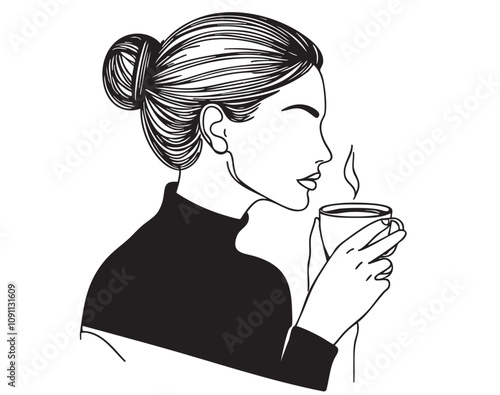 The girl is drinking coffee vector illustrator line art