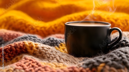 57. A black coffee cup with steam rising, placed on a cozy knitted blanket