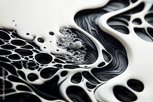 Abstract Black And White Liquid with Bubbles Creating Organic Patterns