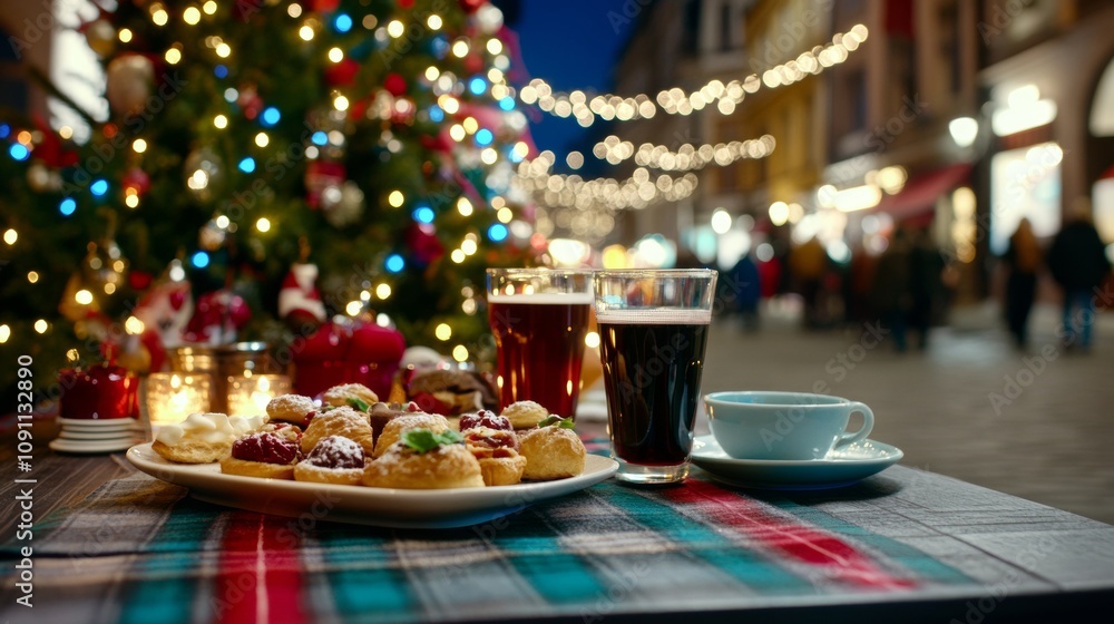 Outdoor winter dining setup by a snowy tree cozy blankets Outdoor winter dining setup by a snowy tree cozy blankets