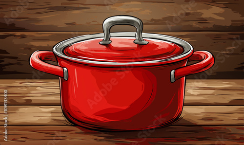 Red cooking pot on wooden surface, vibrant color, shiny finish, metal handles, rustic background, kitchenware, culinary tool, vector illustration, isolated, flat photo