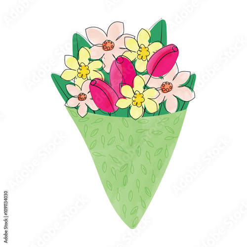 Bouquets of flowers for postcards, decoration, gifts. Bouquet of tulips, daffodils. Color vector illustration is made in the style of thin line and watercolor painting.