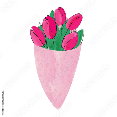 Bouquet of pink tulips for postcards, decoration, gifts. Color vector illustration is made in the style of thin line and watercolor painting.