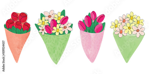 Set of four bouquets of flowers for cards, decoration, gifts. Bouquets of roses, tulips, daffodils. Color vector illustration is made in the style of thin line and watercolor painting.