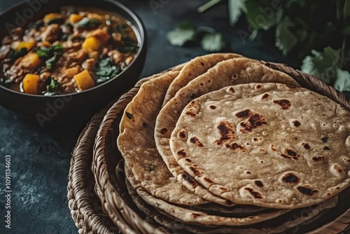 Delicious Indian tandoori roti, whole wheat flat bread. served with vegetarian curry dish. healthy meal concepts photo