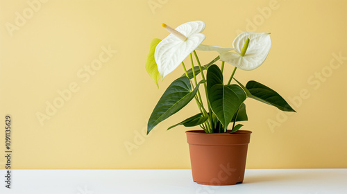 White anthurium plant in a terracotta pot. yellow wall background. photo