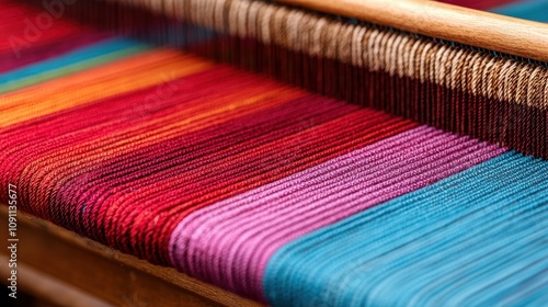 Weaving colorful textiles artisan workshop craft process indoor setting close-up view artisanal tradition