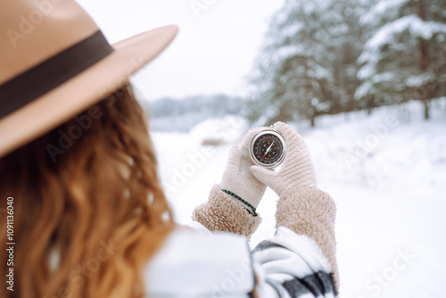 Woman holding a navigational compass on background of a snowy winter forest. Concept of direction, orientation, travel.