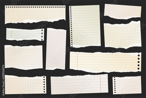 Ripped paper strips. Realistic crumpled paper scraps with torn edges. Shreds of notebook, book or old newspaper pages. Trendy collage elements. Vector illustration