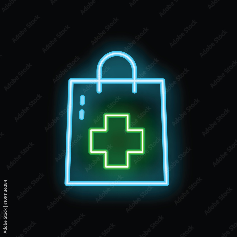 Fototapeta premium Pharmacy logo in the form of a neon shopping bag, glowing on a black background