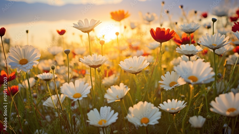 Obraz premium A serene field of daisies and poppies under soft sunlight, showcasing a gentle gradient of white, red, and green hues in a peaceful natural setting 