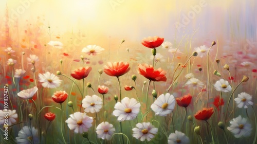 A serene field of daisies and poppies under soft sunlight, showcasing a gentle gradient of white, red, and green hues in a peaceful natural setting 