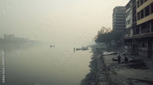 A polluted riverbank where smog fills the air, giving the entire area a muted gray tone. Fishermen go about their work, photo