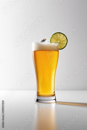 close-up view of a sleek, transparent glass filled to the brim with a refreshing glass of beer, garnished with a slice of lime and a few ice cubes