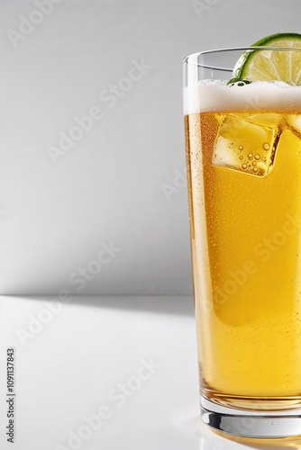 close-up view of a sleek, transparent glass filled to the brim with a refreshing glass of beer, garnished with a slice of lime and a few ice cubes