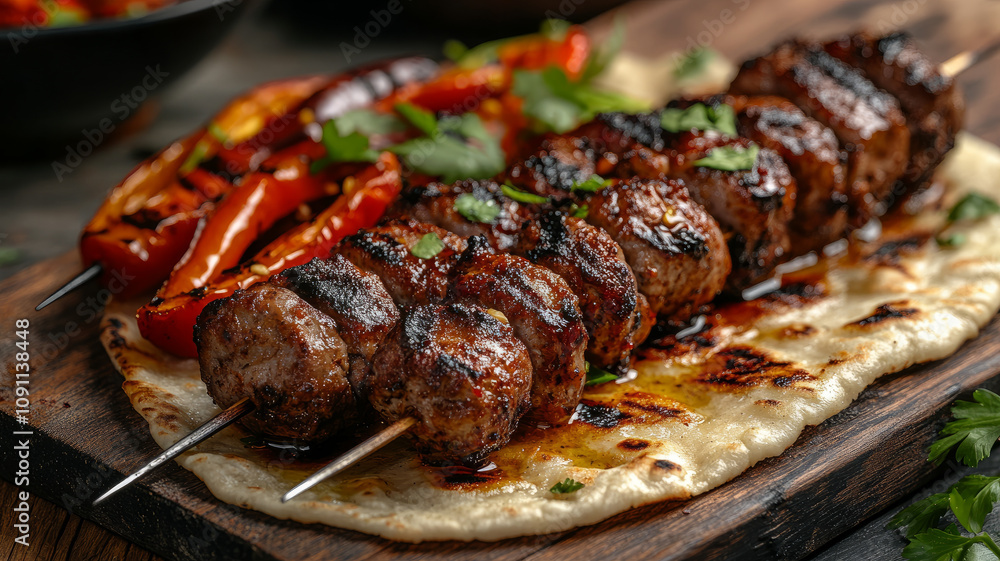 Grilled kebab and peppers on flatbread Grilled kebab and peppers on flatbread